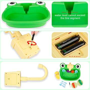 Ruibytree Play Sink with Running Water, Kitchen Sink Toys with Upgraded Electric Faucet, Pretend Play Utensils Accessories and Play Cutting Food for Kids Role Play Dishwasher Toy (Cute Frog)