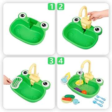 Ruibytree Play Sink with Running Water, Kitchen Sink Toys with Upgraded Electric Faucet, Pretend Play Utensils Accessories and Play Cutting Food for Kids Role Play Dishwasher Toy (Cute Frog)