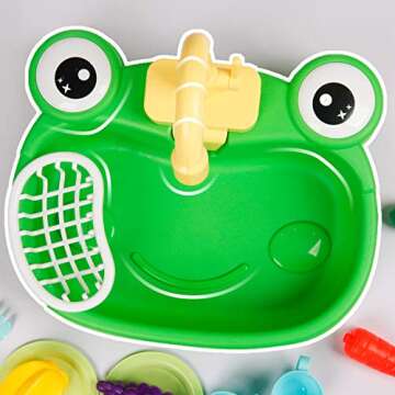 Ruibytree Play Sink with Running Water, Kitchen Sink Toys with Upgraded Electric Faucet, Pretend Play Utensils Accessories and Play Cutting Food for Kids Role Play Dishwasher Toy (Cute Frog)