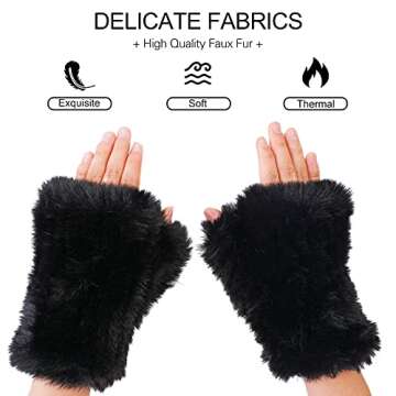 CECELORIA Women Faux Fur Fingerless Gloves - Soft Winter Gloves,Furry Gloves Winter Warm Costume Accessories(Black)