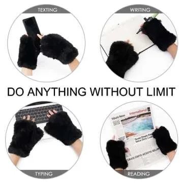CECELORIA Women Faux Fur Fingerless Gloves - Soft Winter Gloves,Furry Gloves Winter Warm Costume Accessories(Black)