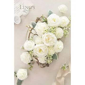 Ling's Moment Flowers Dahlia Artificial Flowers 25pcs Ivory Flowers Fake Flowers w/Stem for DIY White Wedding Decor Centerpieces Arrangements Bouquets Bridal Shower Home Decorations