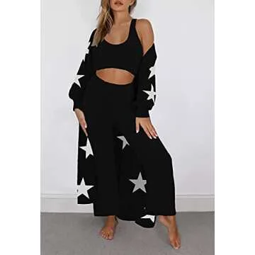 Fixmatti Women 3 Pieces Outfits Fuzzy Long Sleeve Coat Sherpa Crop Top Fleece Pant Set Black S