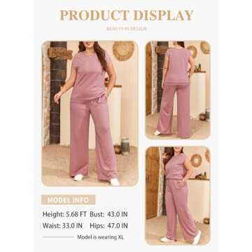 Eytino Plus Size Tracksuits for Women Casual Lounge Sets Crewneck Short Sleeve Tops High Waist Wide Leg Sweatpants Oversized Outfit Sets Pink 2X