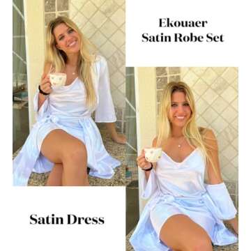 Ekouaer Women Silk Robe Sets Lingerie Pjs Set Cowl Neck Nightgown and Robes Bridesmaid Bathrobe Stain Sleepwear,White XL