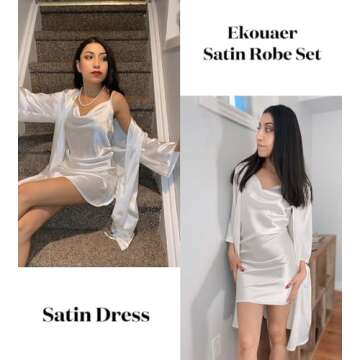 Ekouaer Women Silk Robe Sets Lingerie Pjs Set Cowl Neck Nightgown and Robes Bridesmaid Bathrobe Stain Sleepwear,White XL