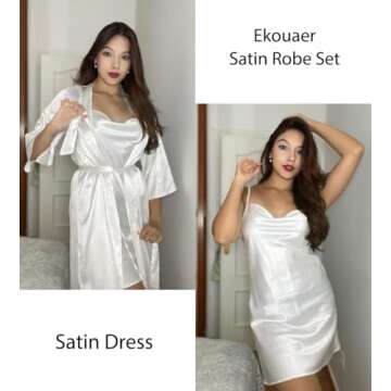 Ekouaer Women Silk Robe Sets Lingerie Pjs Set Cowl Neck Nightgown and Robes Bridesmaid Bathrobe Stain Sleepwear,White XL