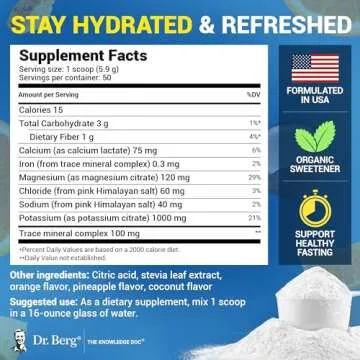 Dr. Berg Zero Sugar Hydration Keto Electrolyte Powder - Enhanced w/ 1000 mg of Potassium & Real Pink Himalayan Salt (NOT Table Salt) - Tropical Coconut, Pineapple & Orange Drink Supplement 50 Servings