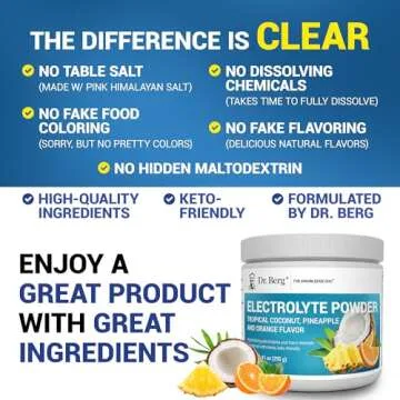 Dr. Berg Zero Sugar Hydration Keto Electrolyte Powder - Enhanced w/ 1000 mg of Potassium & Real Pink Himalayan Salt (NOT Table Salt) - Tropical Coconut, Pineapple & Orange Drink Supplement 50 Servings