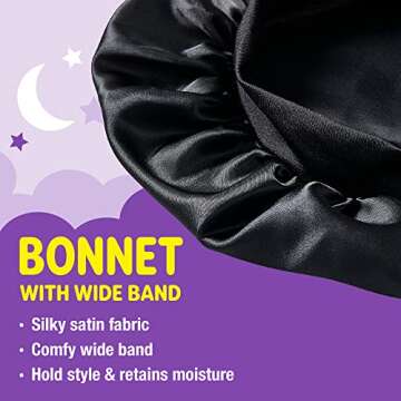 Red by Kiss Kids Satin Bonnet with Wide Band, Sleep Cap for Kids, Bonnet for Boys and Girls (Black)