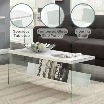 Convenience Concepts SoHo Glass Shelf Coffee Table, 40"L x 17.75"W x 17"H, Faux White Marble