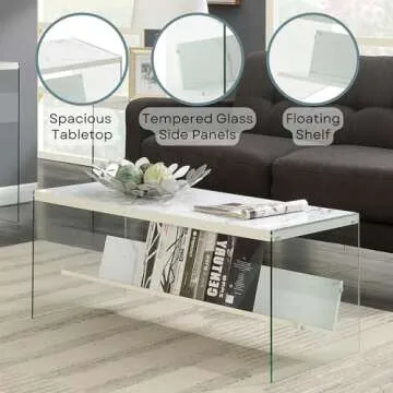 Convenience Concepts SoHo Glass Shelf Coffee Table, 40"L x 17.75"W x 17"H, Faux White Marble