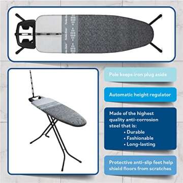 Bartnelli Heavy Duty 48x15 Ironing Board with 4-Layer Cover & Pad, Height-Adjustable, Turbo & Park Zone - Designed in Europe