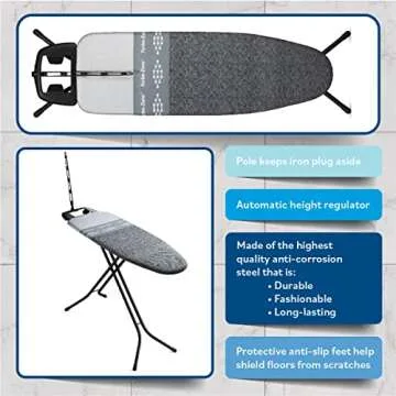 Bartnelli Heavy Duty 48x15 Ironing Board with 4-Layer Cover & Pad, Height-Adjustable, Turbo & Park Zone - Designed in Europe