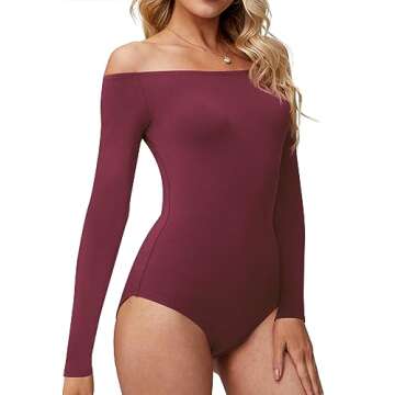 LAOLASI Womens Off Shoulder Long Sleeve Slim Fit Casual Body Suit Basic Bodysuit Shirts Tops, Wine R...