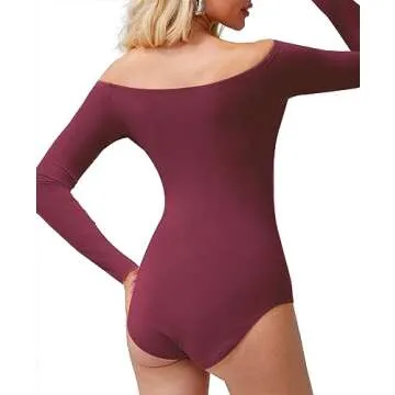LAOLASI Womens Off Shoulder Long Sleeve Slim Fit Casual Body Suit Basic Bodysuit Shirts Tops, Wine Red, Medium