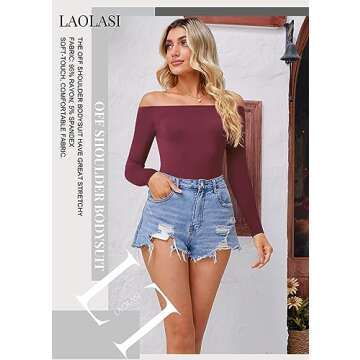 LAOLASI Womens Off Shoulder Long Sleeve Slim Fit Casual Body Suit Basic Bodysuit Shirts Tops, Wine Red, Medium