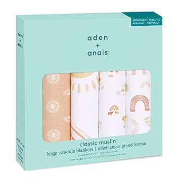 aden + anais Boutique Muslin Swaddle Blanket for Baby Girls and Boys, Newborn Receiving Blanket for Swaddling, 100% Muslin Cotton Swaddle Wrap,4 Pack, Keepin Rising
