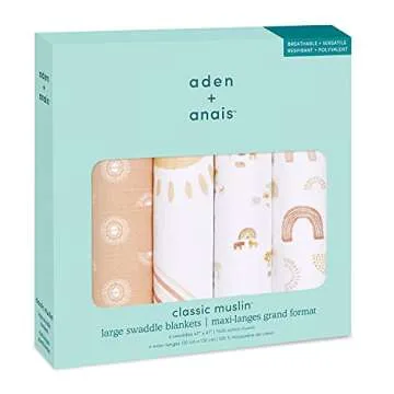 aden + anais Boutique Muslin Swaddle Blanket for Baby Girls and Boys, Newborn Receiving Blanket for Swaddling, 100% Muslin Cotton Swaddle Wrap,4 Pack, Keepin Rising