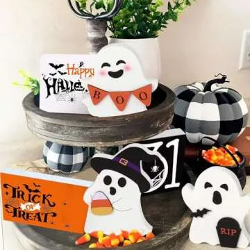 COCHIE Cute Ghost Halloween Decorations Indoor, Wooden Tiered Tray Decor Table Sign Set of 3, Black Cat Bat Witch Broom Signs Pumpkin Blocks for Party Home Shelf Display (B-Ghost)