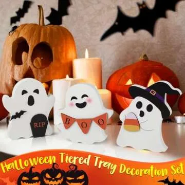 COCHIE Cute Ghost Halloween Decorations Indoor, Wooden Tiered Tray Decor Table Sign Set of 3, Black Cat Bat Witch Broom Signs Pumpkin Blocks for Party Home Shelf Display (B-Ghost)