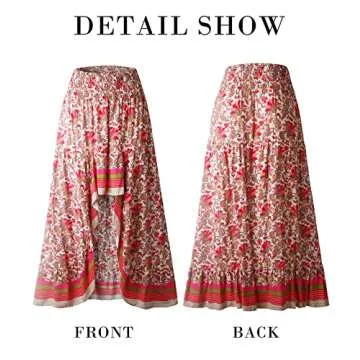 BTFBM Women 2025 Summer Spring Boho Long Skirts Dress Floral Print Elastic Waist Split Ruffle High Low Beach Maxi Skirt(X-Red, Small)