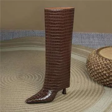 Goolita Women's Stiletto Heel Knee High Boots Square Toe Slip On Fold Over Boots For Women Leather C...