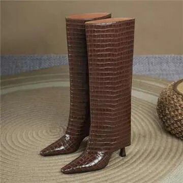 Goolita Women's Stiletto Heel Knee High Boots Square Toe Slip On Fold Over Boots For Women Leather Comfortable Dress Tall Boots