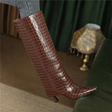 Goolita Women's Stiletto Heel Knee High Boots Square Toe Slip On Fold Over Boots For Women Leather Comfortable Dress Tall Boots