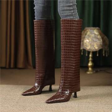 Goolita Women's Stiletto Heel Knee High Boots Square Toe Slip On Fold Over Boots For Women Leather Comfortable Dress Tall Boots