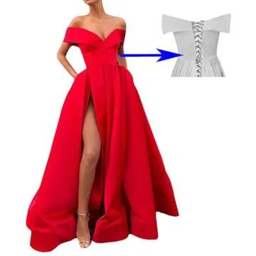 JKMMYO Burgundy Long Prom Dresses for Women Ball Gown Off The Shoulder A-line Satin Formal Gowns and...