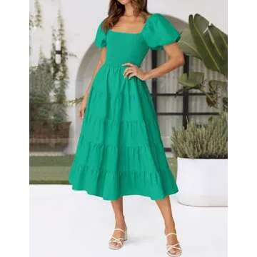 ZESICA Women's 2024 Summer Square Neck Short Puff Sleeve Solid Color High Waist Casual Smocked Flowy A Line Tiered Midi Dress