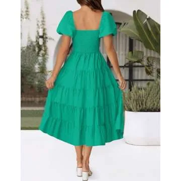 ZESICA Women's 2024 Summer Square Neck Short Puff Sleeve Solid Color High Waist Casual Smocked Flowy A Line Tiered Midi Dress