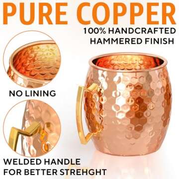 Benicci Moscow Mule Copper Mugs - Set of 2, 100% HANDCRAFTED - Food Safe Pure Solid Copper Mugs - 16...