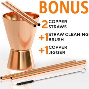 Benicci Moscow Mule Copper Mugs - Set of 2, 100% HANDCRAFTED - Food Safe Pure Solid Copper Mugs - 16 oz Gift Set with Premium Quality Cocktail Copper Straws, Straw Cleaning Brush and Jigger!