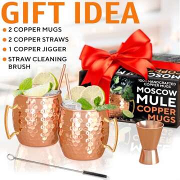 Benicci Moscow Mule Copper Mugs - Set of 2, 100% HANDCRAFTED - Food Safe Pure Solid Copper Mugs - 16 oz Gift Set with Premium Quality Cocktail Copper Straws, Straw Cleaning Brush and Jigger!