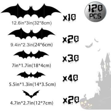 CESOF Halloween Bats Wall Decor 3D Bats Decorations - 120 Pcs 5 Sizes Matte Black PVC Reusable DIY Bat Stickers Vintage Wall Decals for Home Decor Porch Door Indoor Outdoor Party Supplies