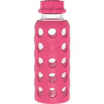 Lifefactory 9-Ounce BPA-Free Glass Water Bottle with Flat Cap and Silicone Sleeve – Raspberry
