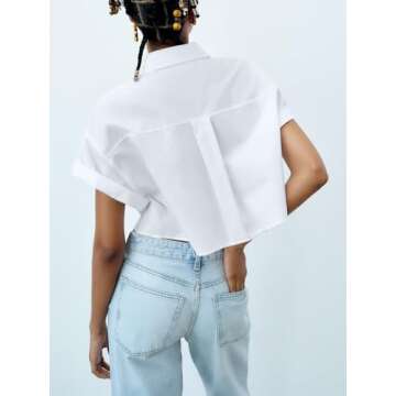 Tankaneo Womens Button Down Shirts Cropped Short Sleeve Casual Crop Tops Blouses with Pockets White