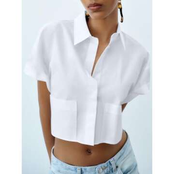 Tankaneo Womens Button Down Shirts Cropped Short Sleeve Casual Crop Tops Blouses with Pockets White