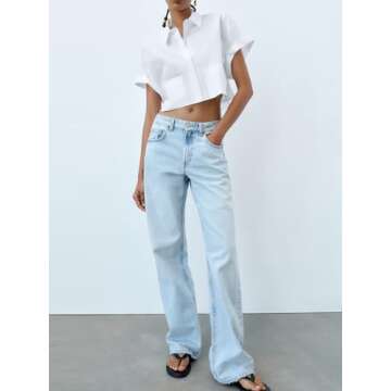 Tankaneo Womens Button Down Shirts Cropped Short Sleeve Casual Crop Tops Blouses with Pockets White