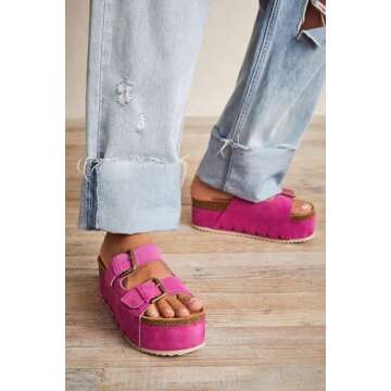 Yishaweiqi Women's Suede Platform Sandals Comfortable Cork Footbed Studded Flatform Sandals Adjustab...