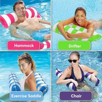 4 Pack Inflatable Hammock Pool Floats with Air Pump and Ball. 4-in-1 Design Conversion. Adult Size Pool Floaties Toys, Multi-Purpose Floats for Swimming Pool, Saddle, Lounge Chair, Hammock, Drifter.
