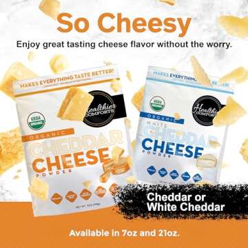 Healthier Comforts Organic Cheddar Cheese Powder | Gluten Free, Keto-Friendly, Non-GMO, Antibiotic & Hormone Free | Perfect for Popcorn Seasoning, Mac and Cheese, Pasta & Sauces (7 oz)