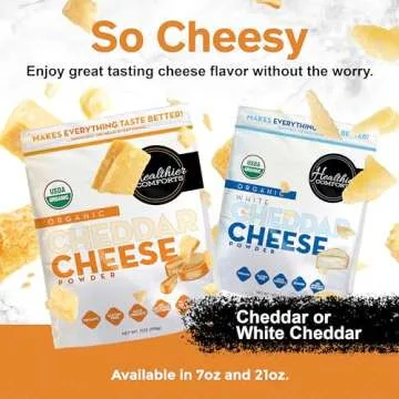 Healthier Comforts Organic Cheddar Cheese Powder | Gluten Free, Keto-Friendly, Non-GMO, Antibiotic & Hormone Free | Perfect for Popcorn Seasoning, Mac and Cheese, Pasta & Sauces (7 oz)