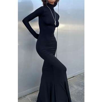 Long Sleeve Maxi Dress for Women - Casual Turtleneck Bodycon Formal Dresses Elegant Mermaid Hem 2025...
