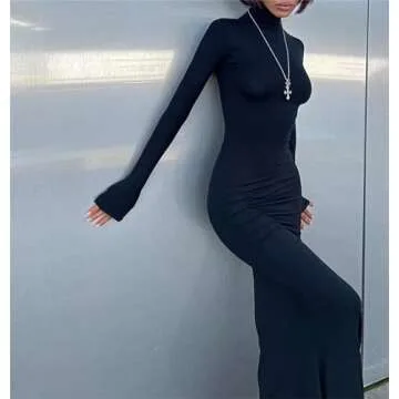 Long Sleeve Maxi Dress for Women - Casual Turtleneck Bodycon Formal Dresses Elegant Mermaid Hem 2025 Black L