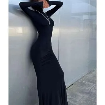 Long Sleeve Maxi Dress for Women - Casual Turtleneck Bodycon Formal Dresses Elegant Mermaid Hem 2025 Black L