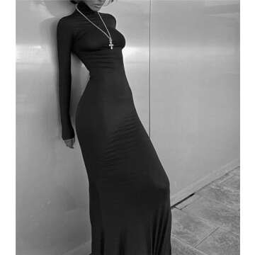 Long Sleeve Maxi Dress for Women - Casual Turtleneck Bodycon Formal Dresses Elegant Mermaid Hem 2025 Black L