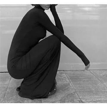 Long Sleeve Maxi Dress for Women - Casual Turtleneck Bodycon Formal Dresses Elegant Mermaid Hem 2025 Black L